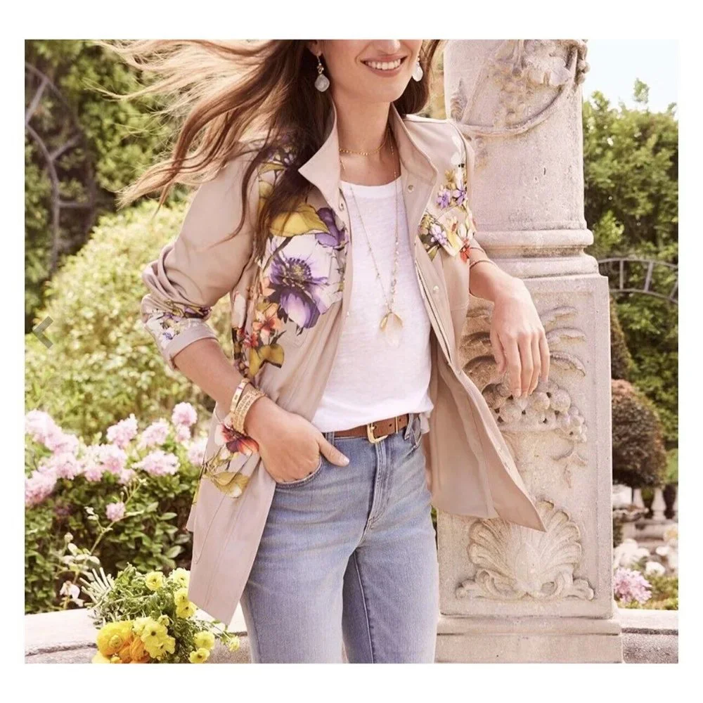 Chico's Satin Floral Buttercream Beige Zip Snap Front Utility Jacket‎ Sz 2/L